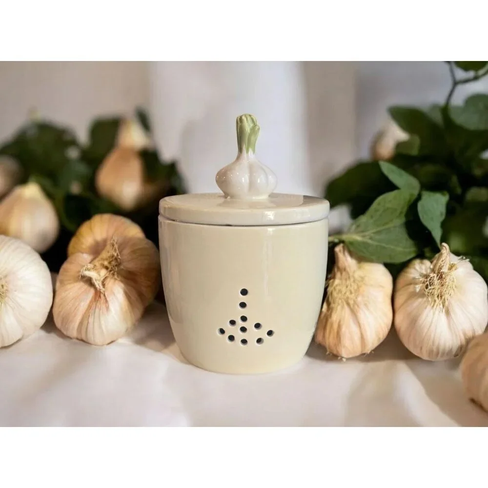 New Ceramic Storage Container W/ Lid Kitchen Garlic Keeper W/ Garlic Bulb Top
